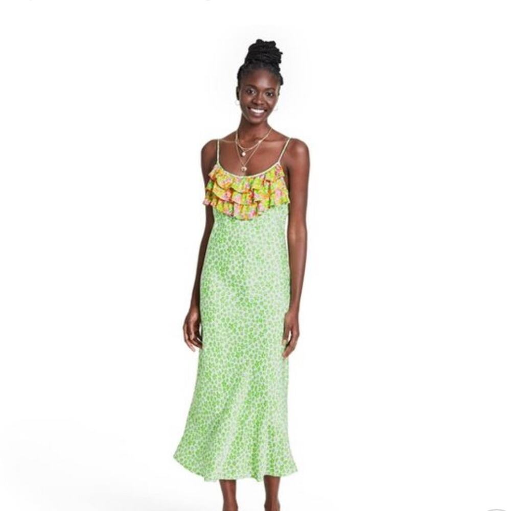 Rixo for Target Leopard Green Ruffle Slip Dress-S